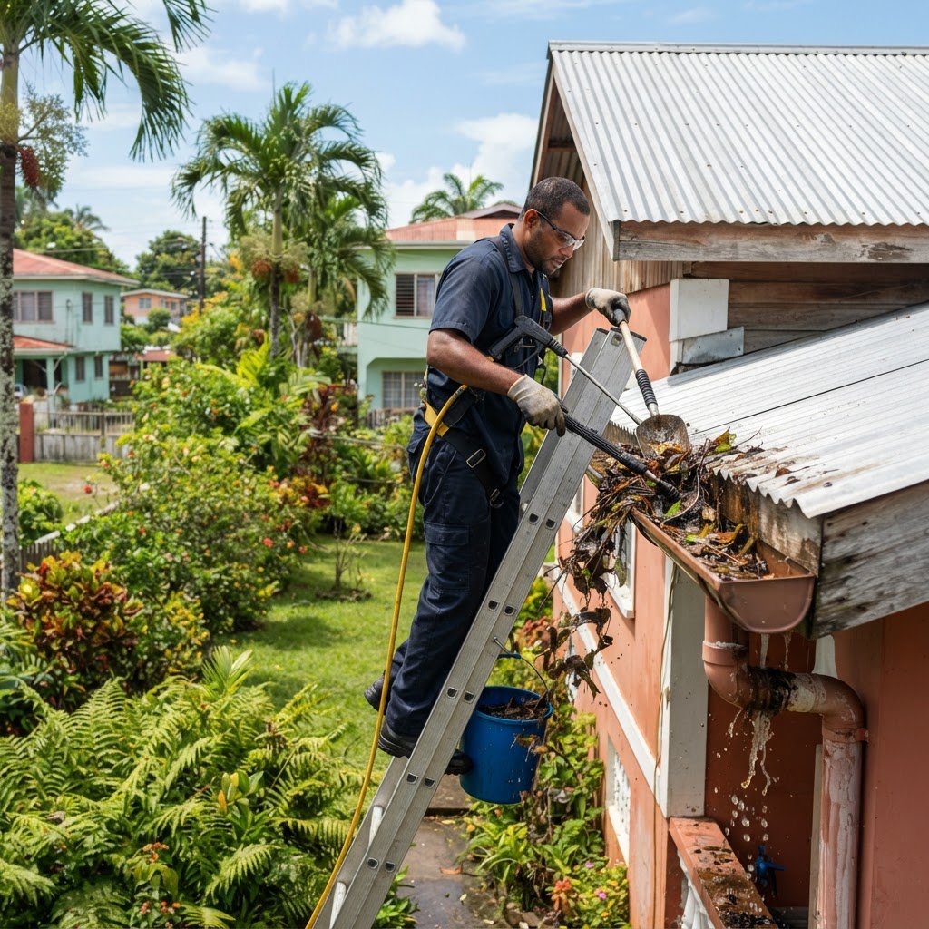 Professional cleaning blocked gutter clearing.