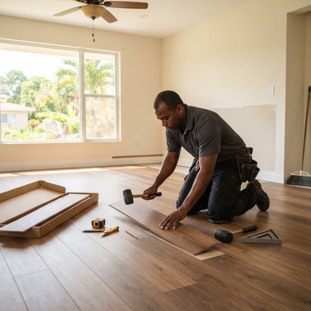 Professional installing vinyl flooring installation.
