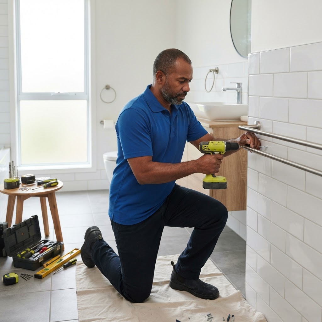 Professional installing bathroom accessory installation.