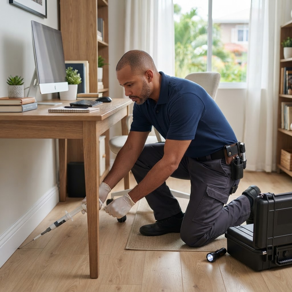 Professional pest-control technician treating a home.