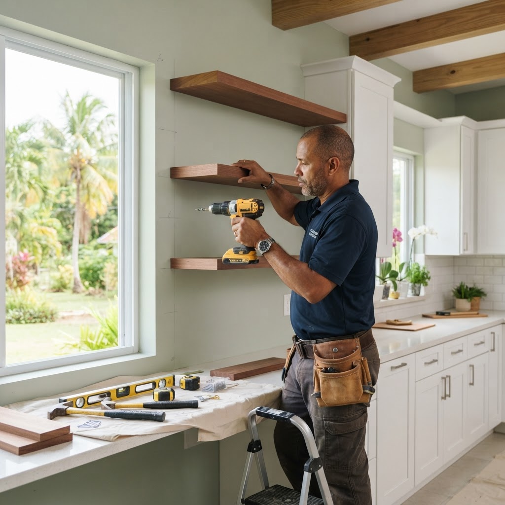 Professional installing kitchen shelving installation.