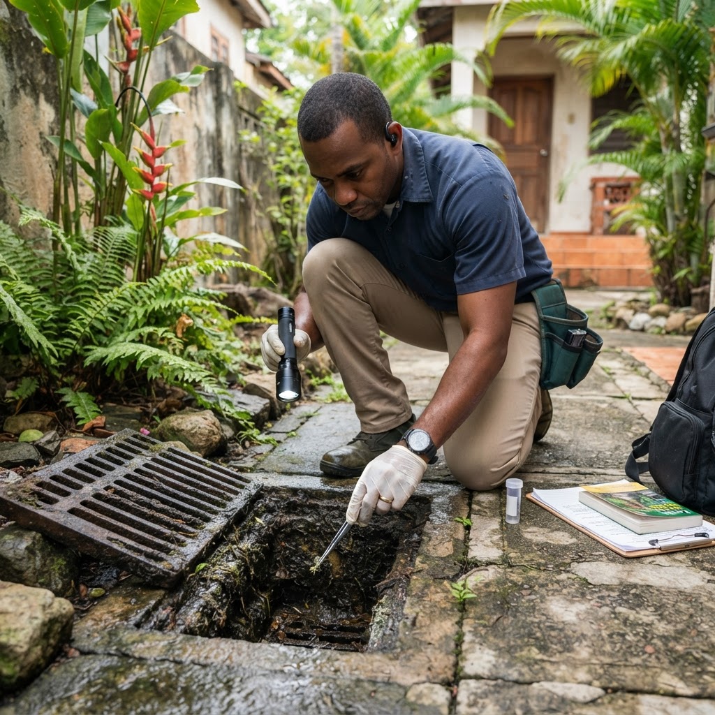 Professional pest control technician inspecting a drain for fly breeding activity.