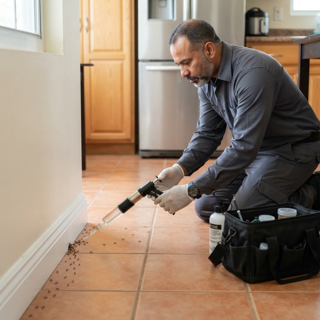 Professional pest control technician treating an ant infestation along a baseboard.