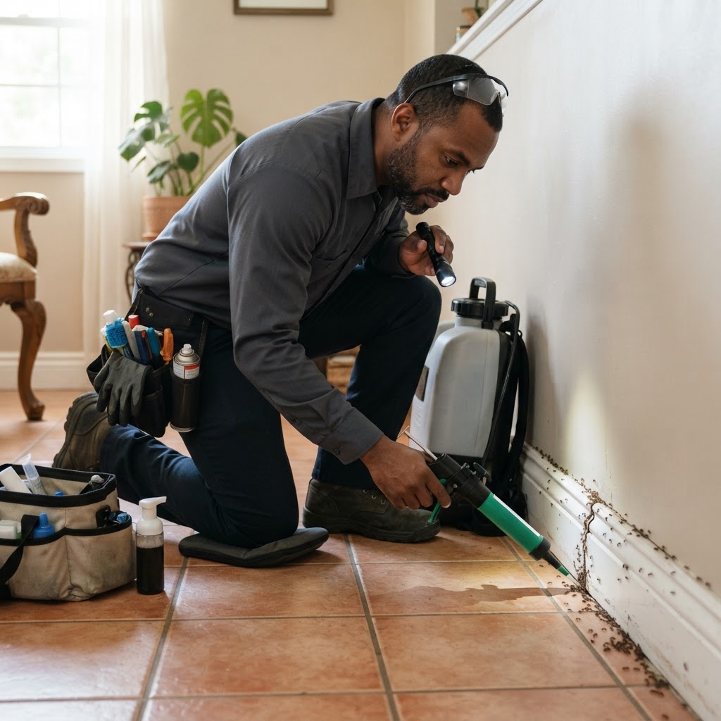 Professional pest control technician treating an ant infestation along a baseboard.