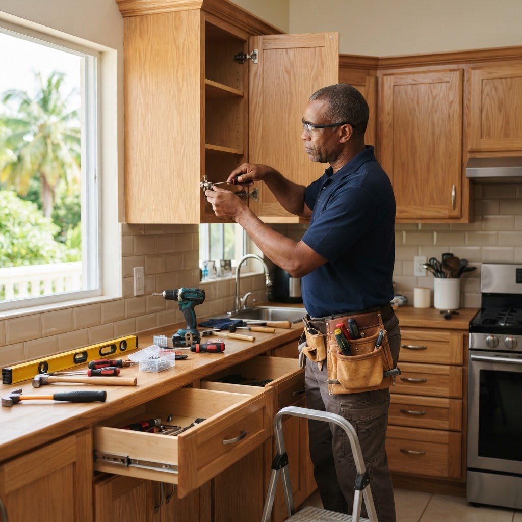 Professional carpenter installing kitchen cabinets.