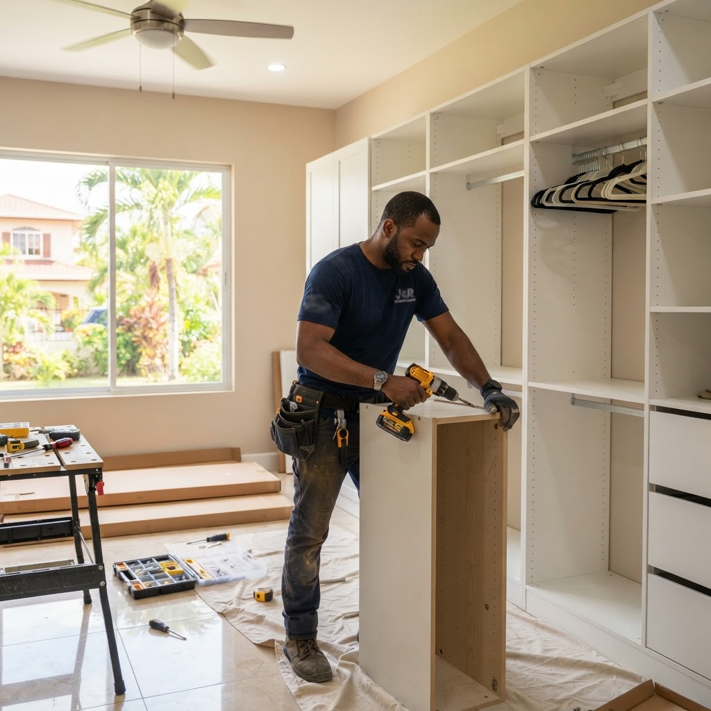 Professional installing wardrobe assembly.