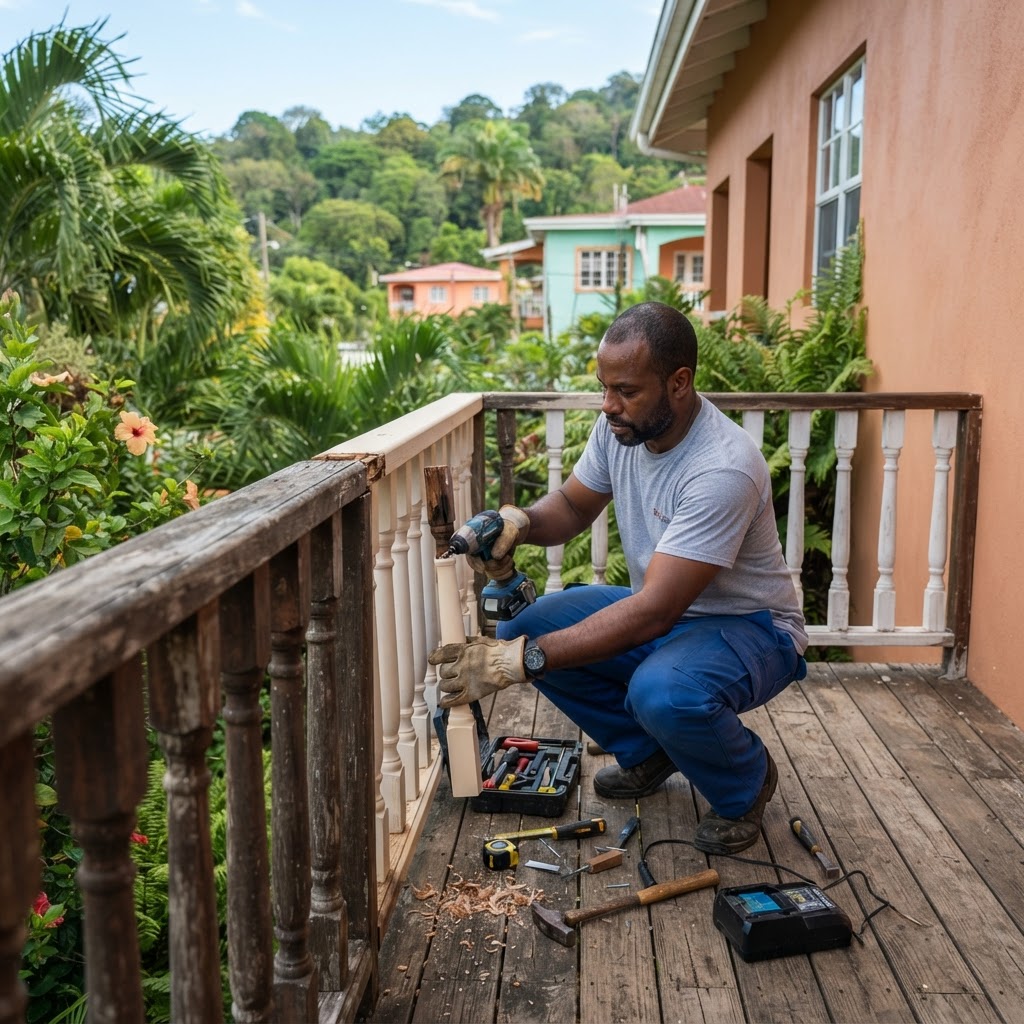 Professional repairing wooden railing repairs.
