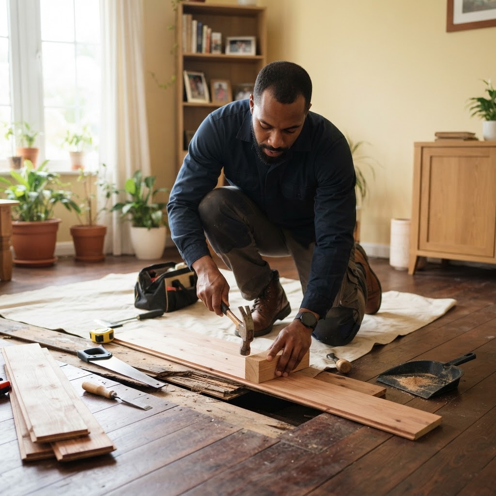 Professional repairing floorboard replacement.