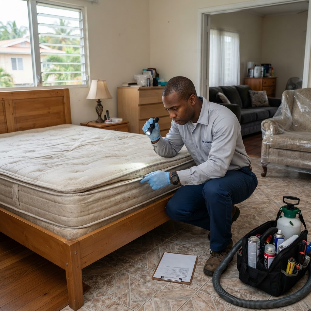 Professional pest control technician inspecting a mattress for bedbugs.