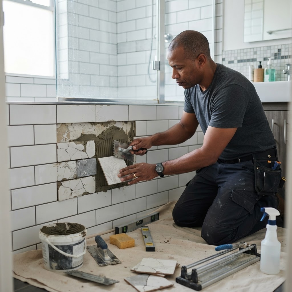 Professional repairing bathroom tile repairs.