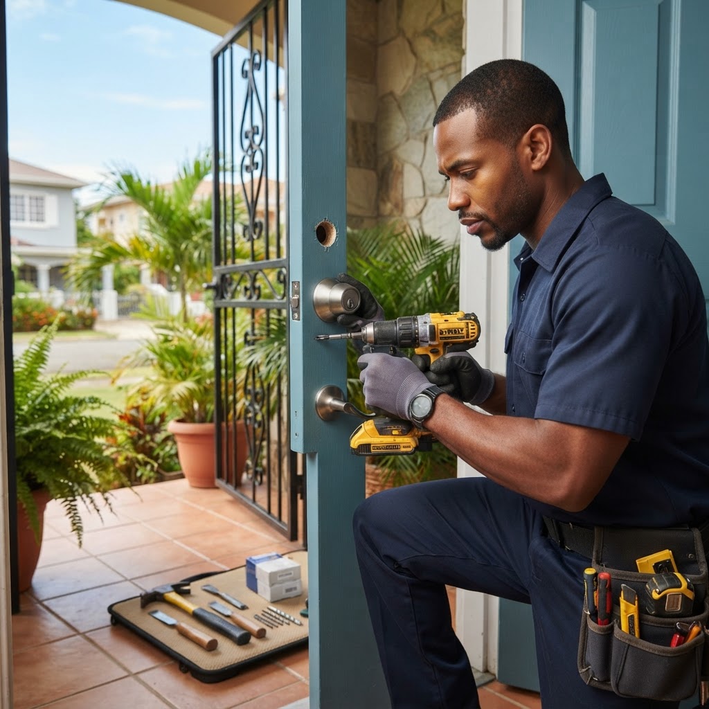Professional installing deadbolt installation.