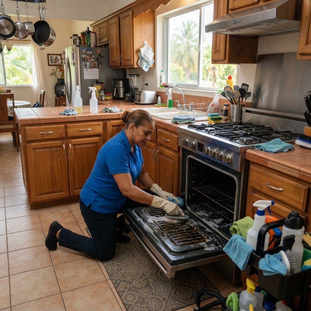 Professional cleaner deep-cleaning a kitchen.