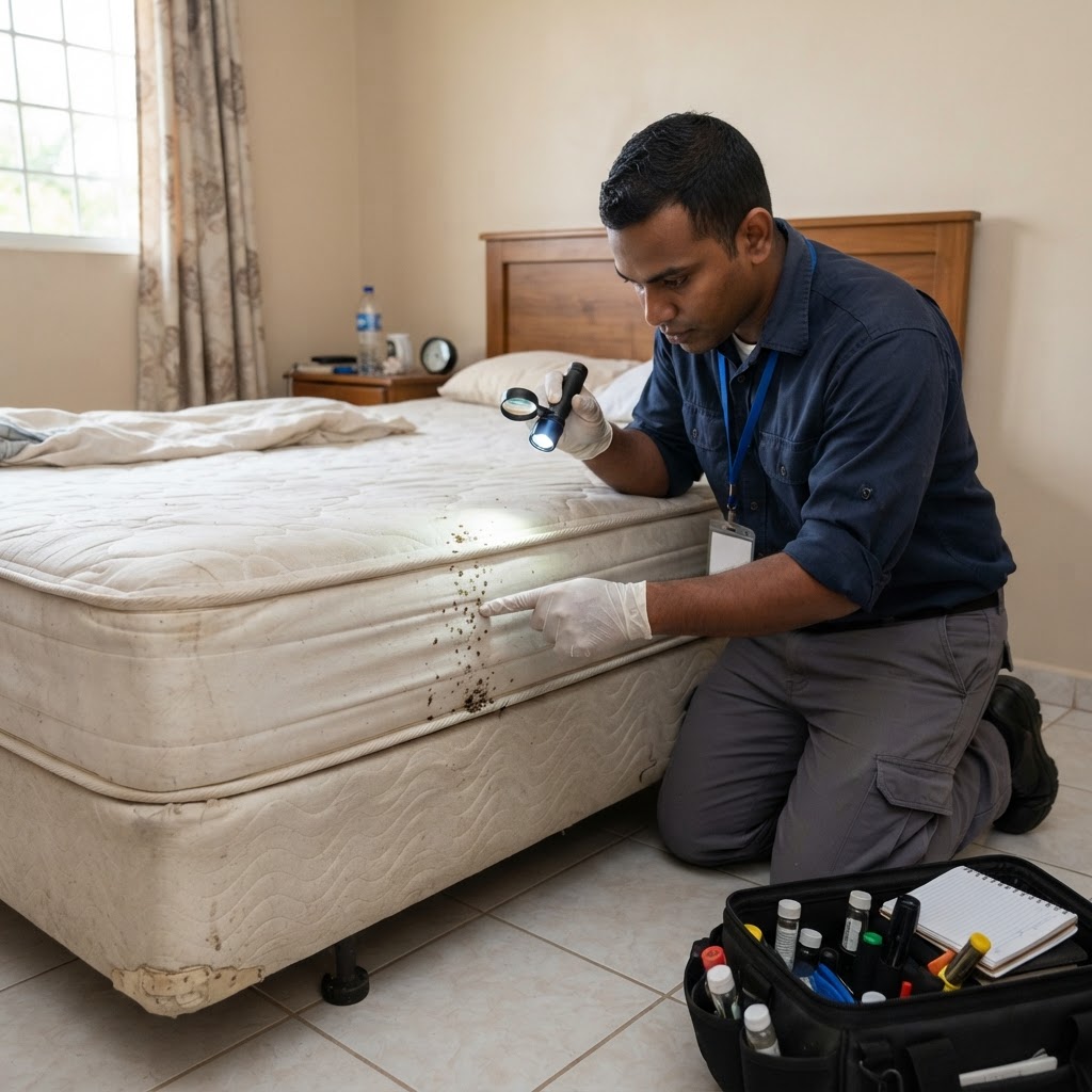 Professional pest control technician inspecting a mattress for bedbugs.