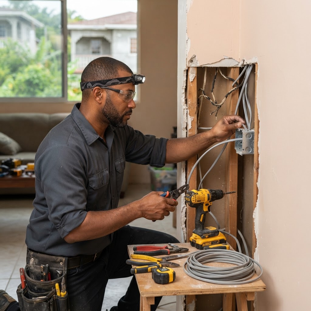 Qualified electrician routing electrical wiring in a residential wall.