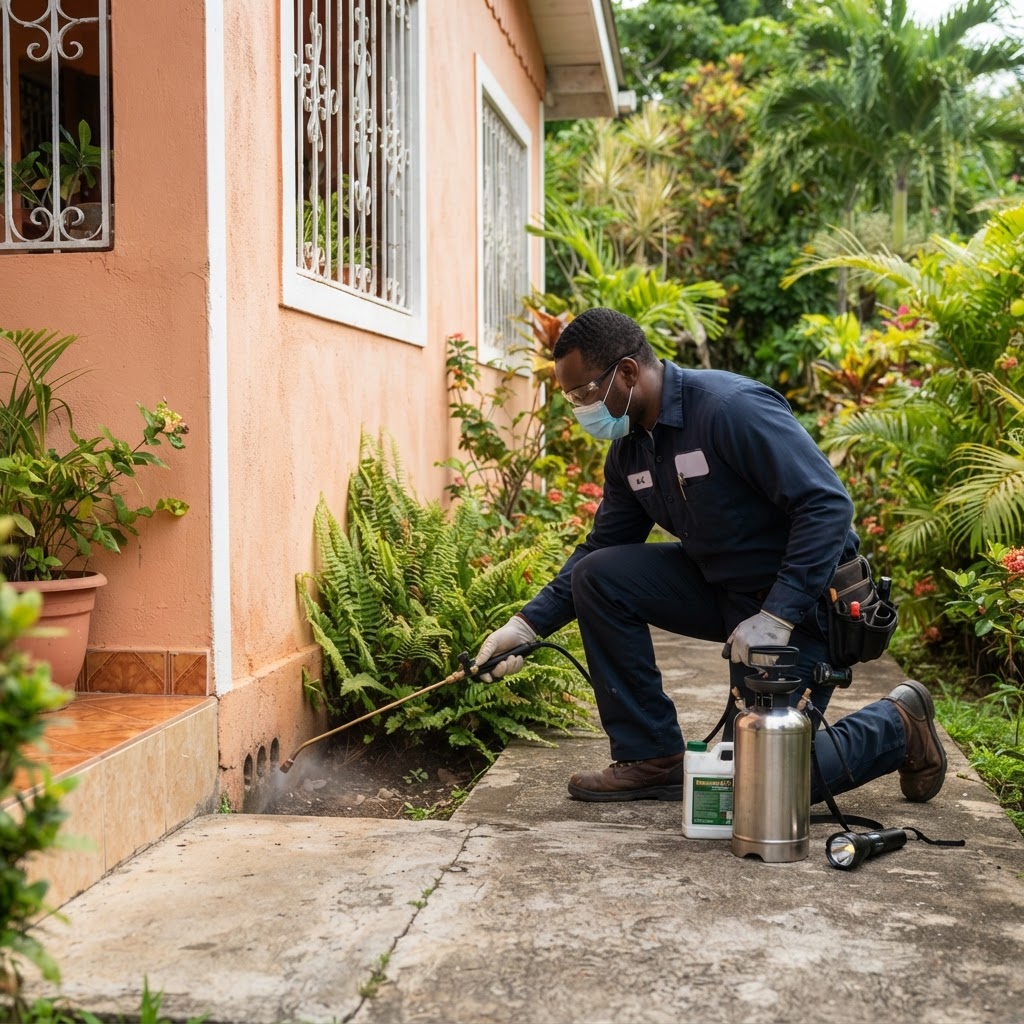 Professional pest control technician treating for crawling insects.