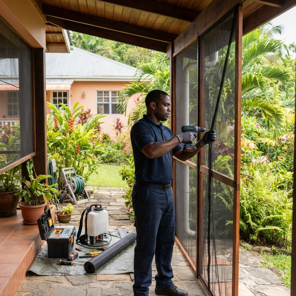 Professional pest control technician treating a backyard for mosquitoes.