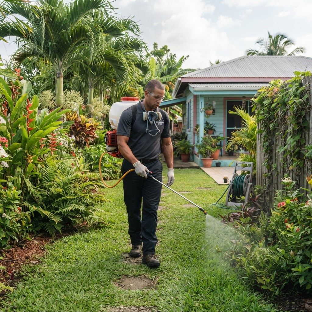 Professional pest control technician treating a yard for fleas.