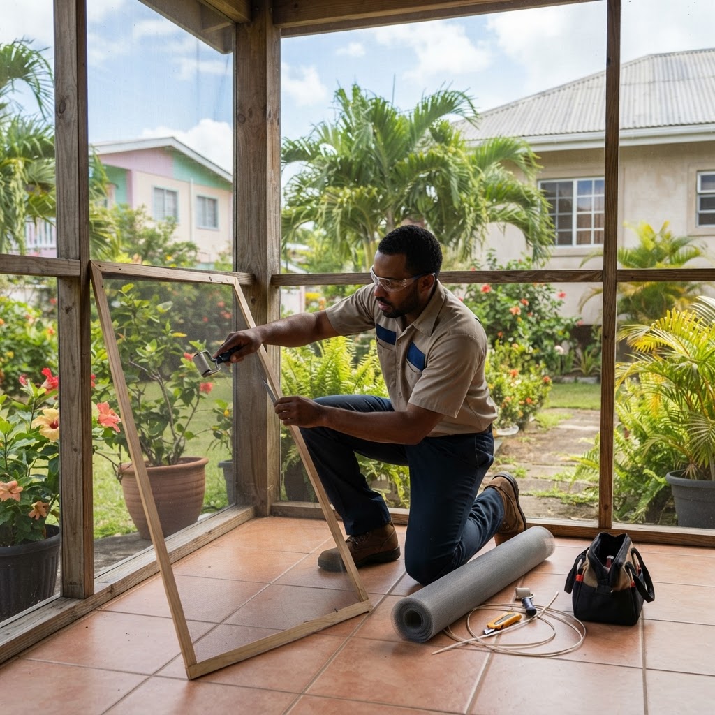 Professional pest control technician treating a backyard for mosquitoes.