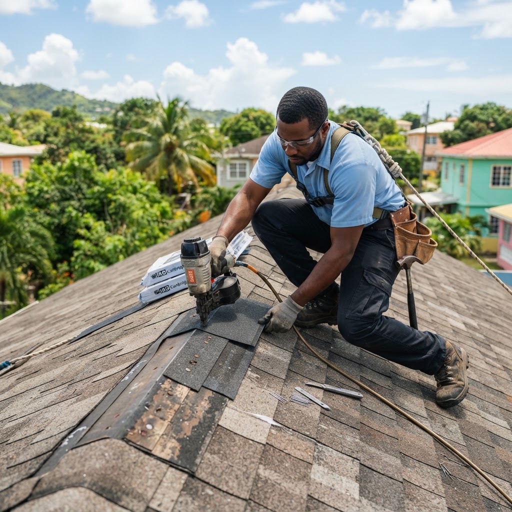 Professional roofer installing shingles on a residential roof.