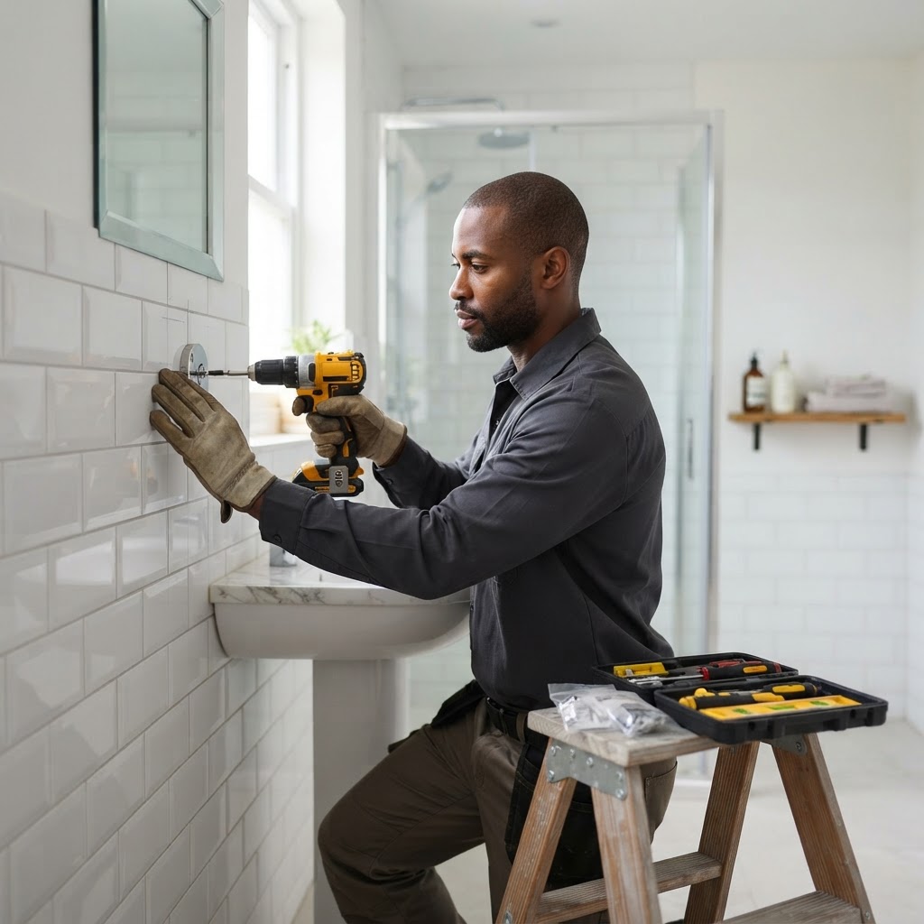 Professional installing bathroom accessory mounting.
