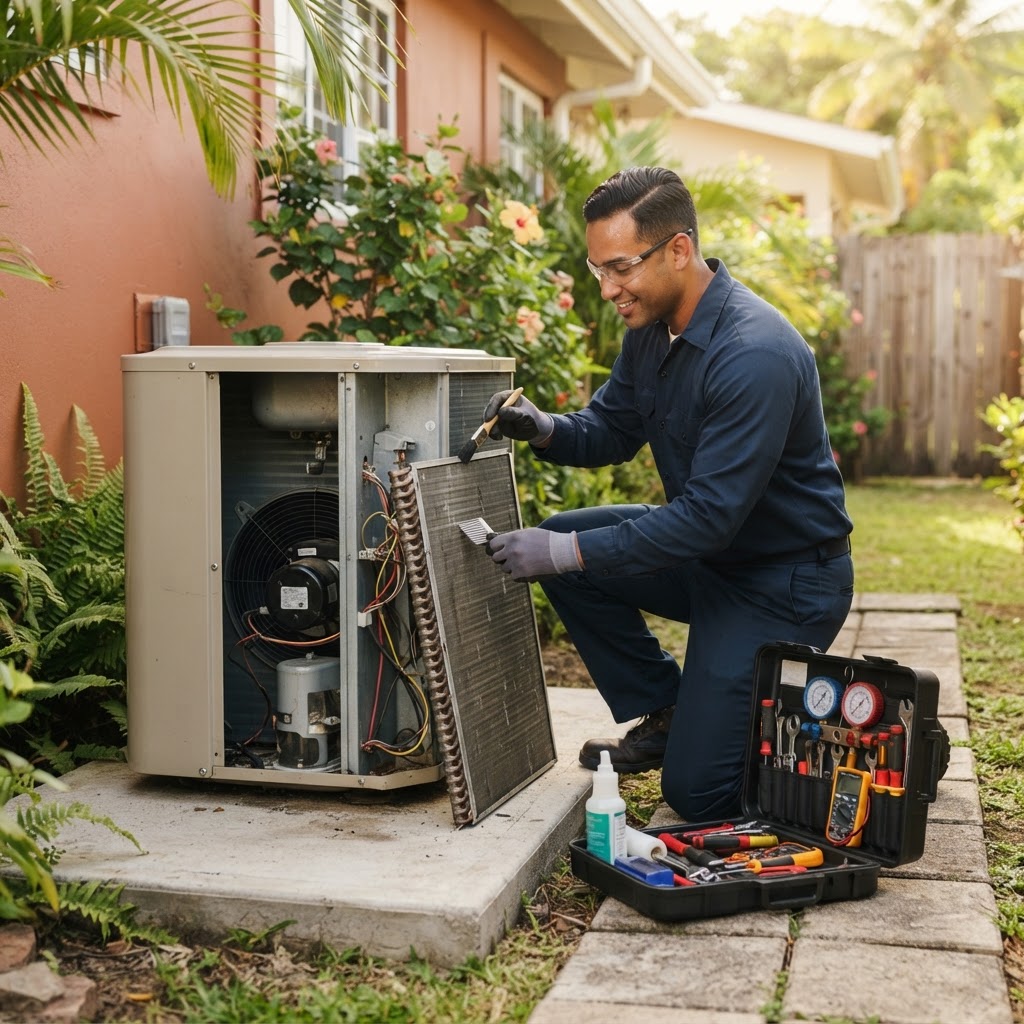 Professional HVAC technician performing preventive maintenance on an AC unit.