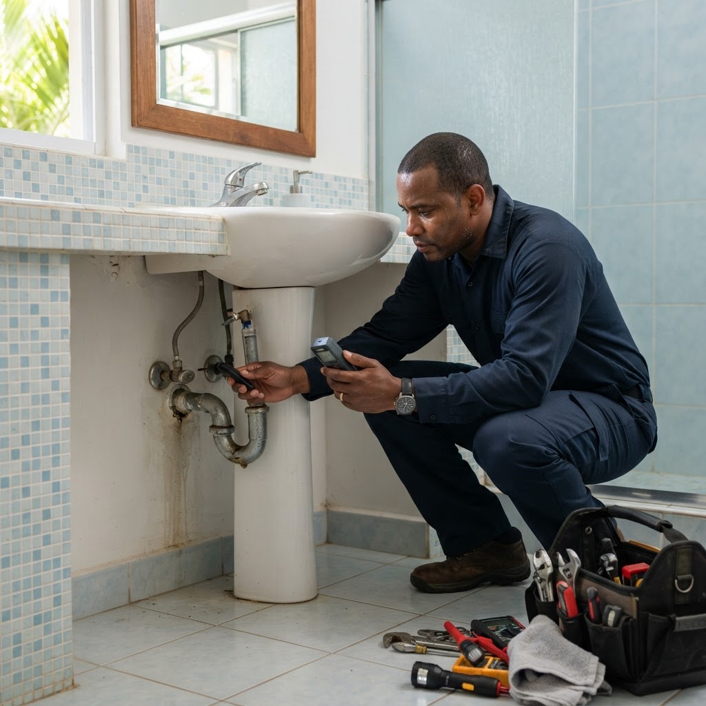 Professional servicing bathroom leak inspection.