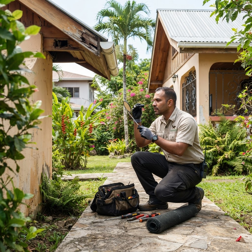 Wildlife specialist assessing a property for wildlife entry points.