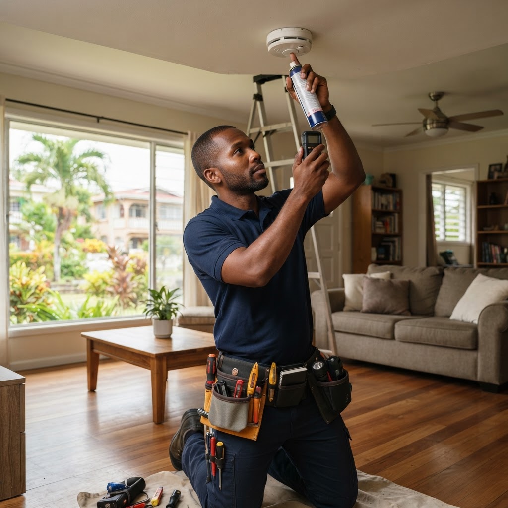 Professional servicing home safety inspection.