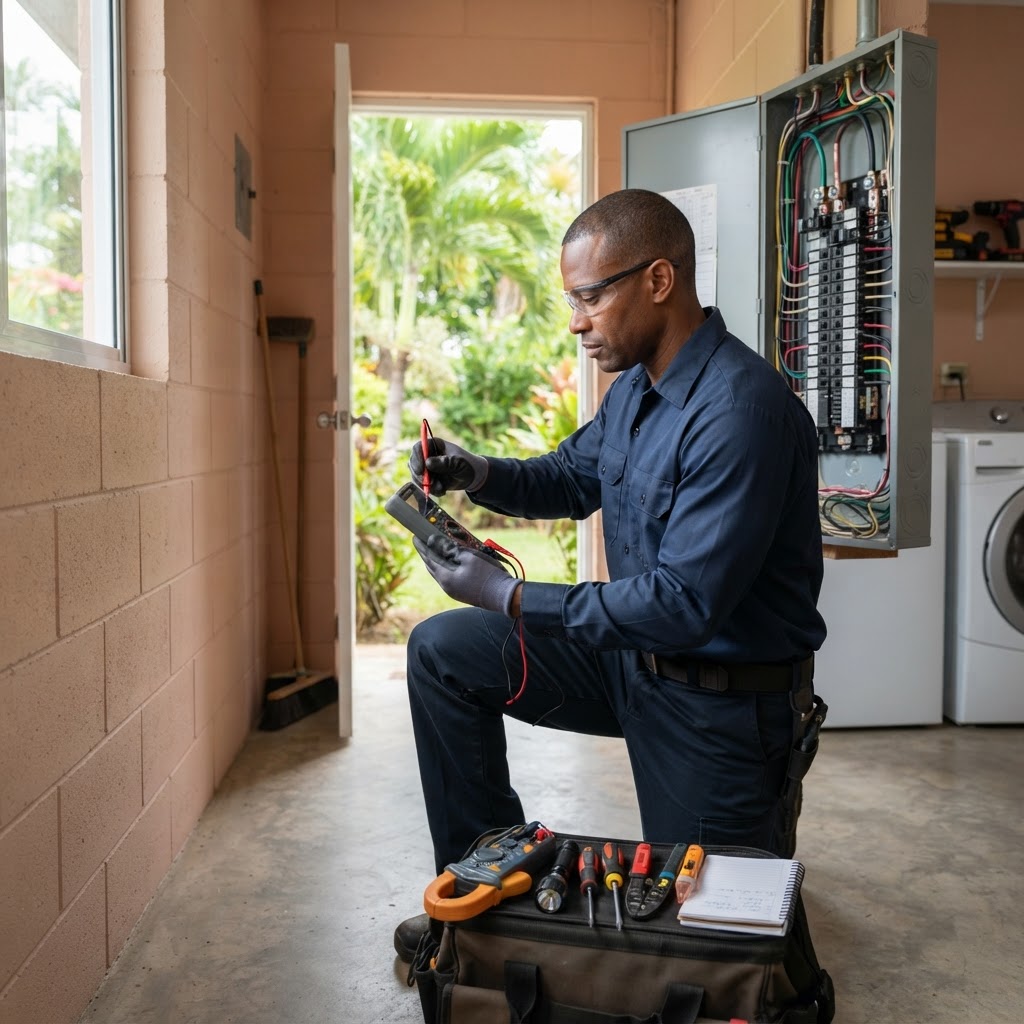 Professional servicing electrical safety inspections.