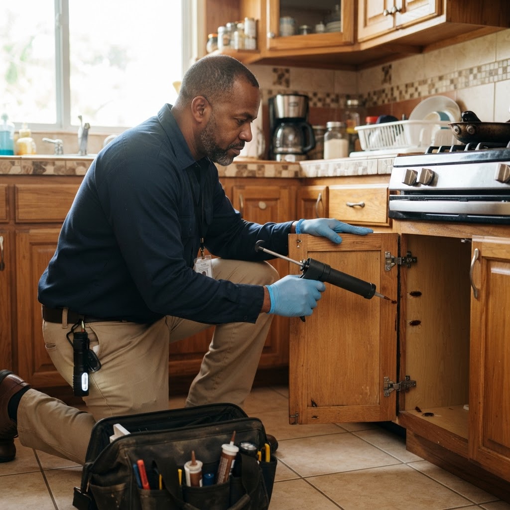 Professional pest control technician applying cockroach gel bait in a kitchen.