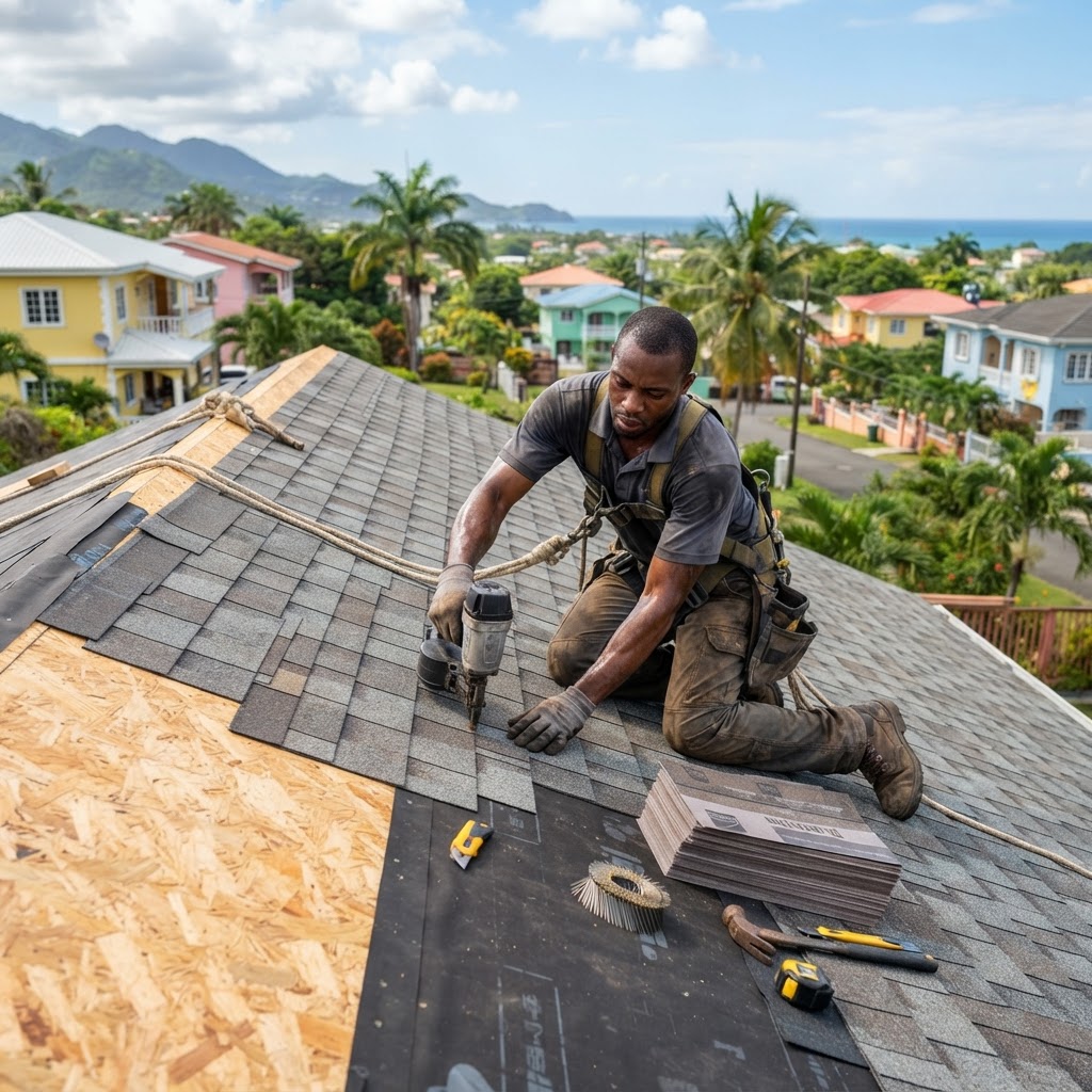 Professional roofer installing shingles on a residential roof.