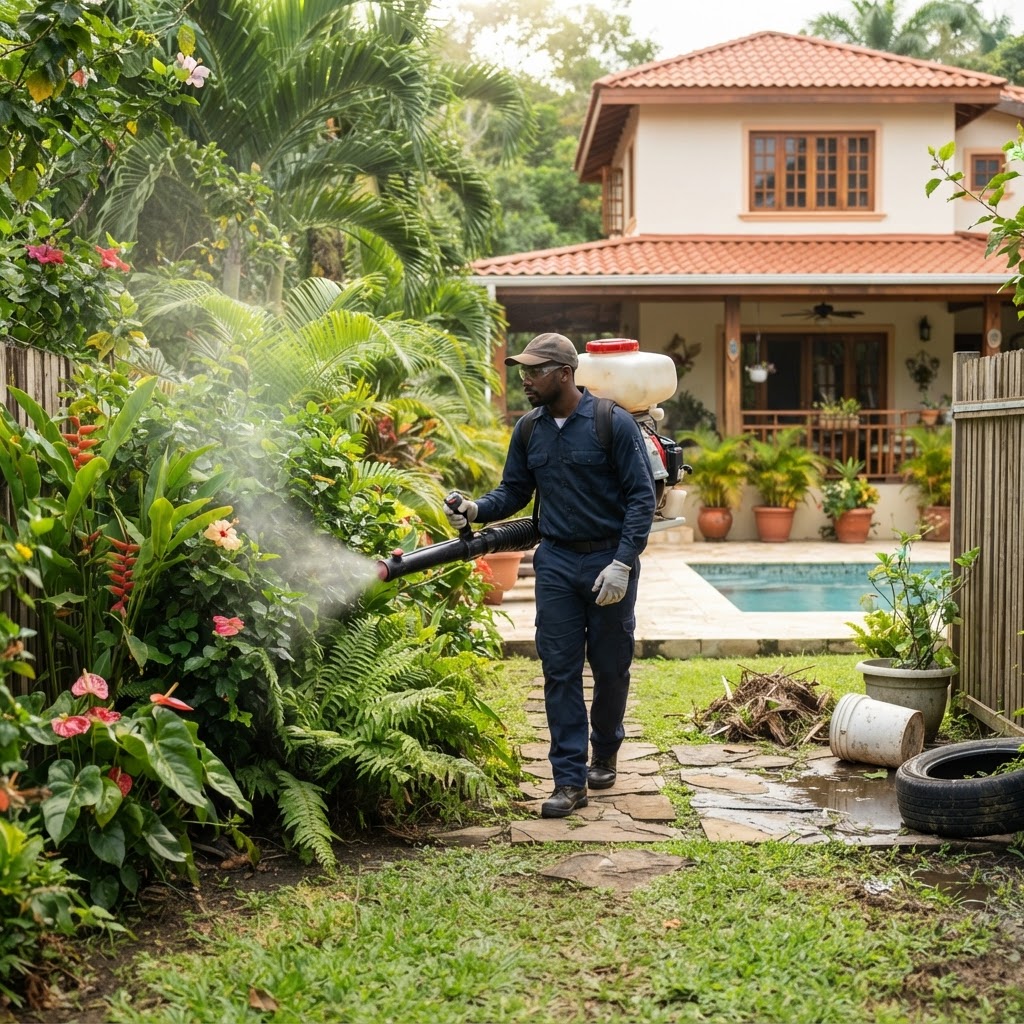 Professional pest control technician treating a backyard for mosquitoes.