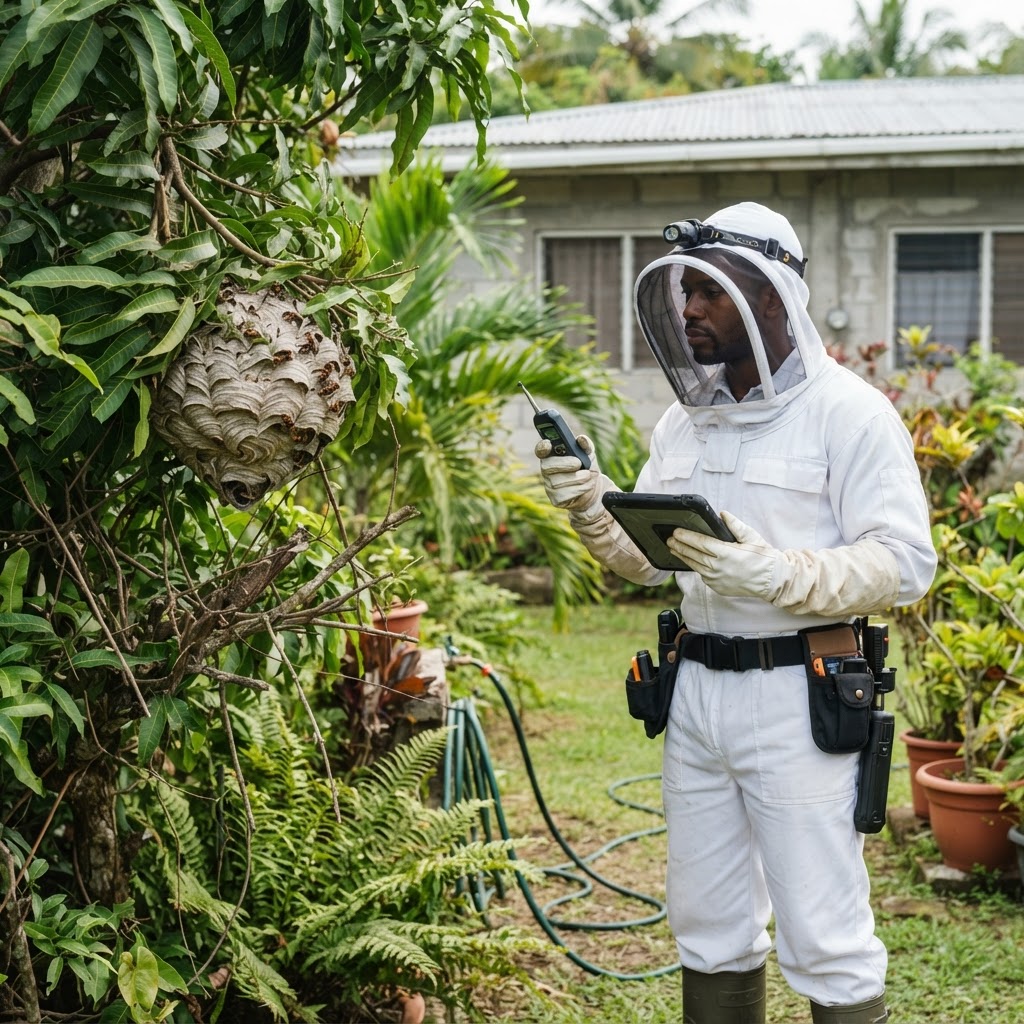 Professional servicing hornet or stinging-insect nest assessment.