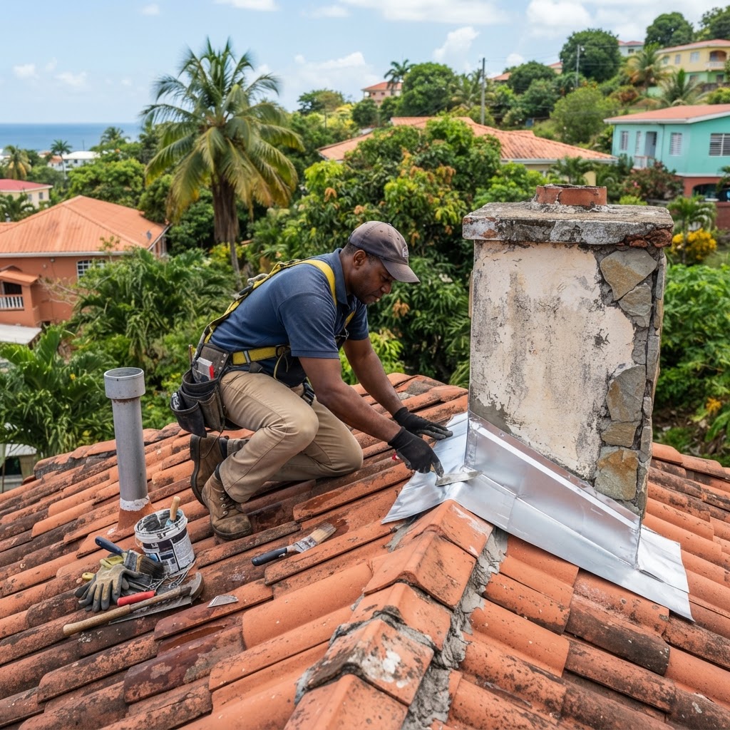 Professional repairing roof flashing repairs.