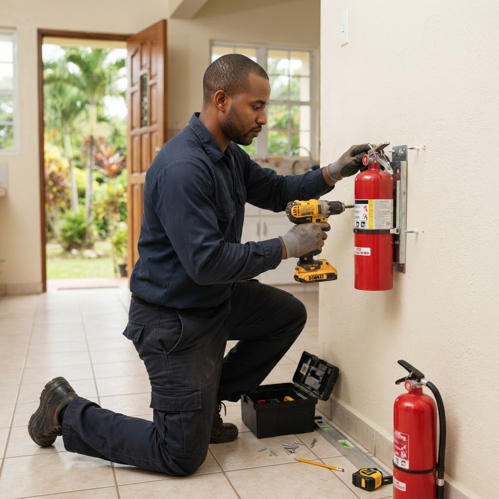 Professional installing fire extinguisher mounting.