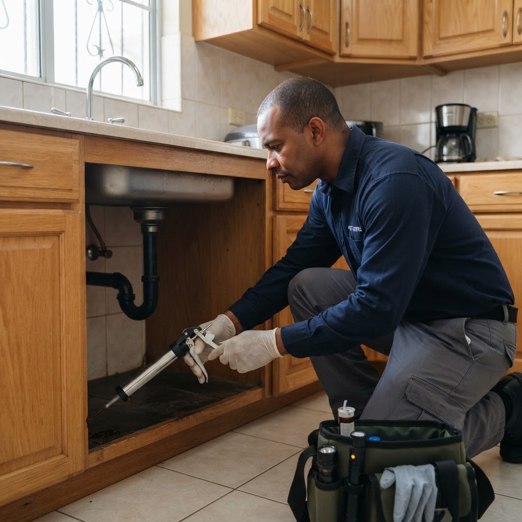 Professional pest control technician applying cockroach gel bait in a kitchen.