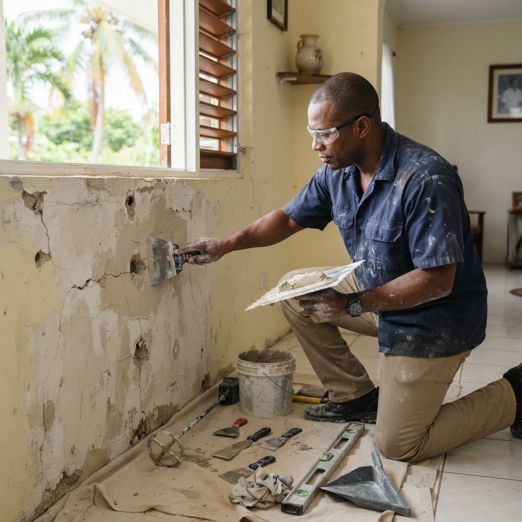 Professional repairing wall plaster repairs.
