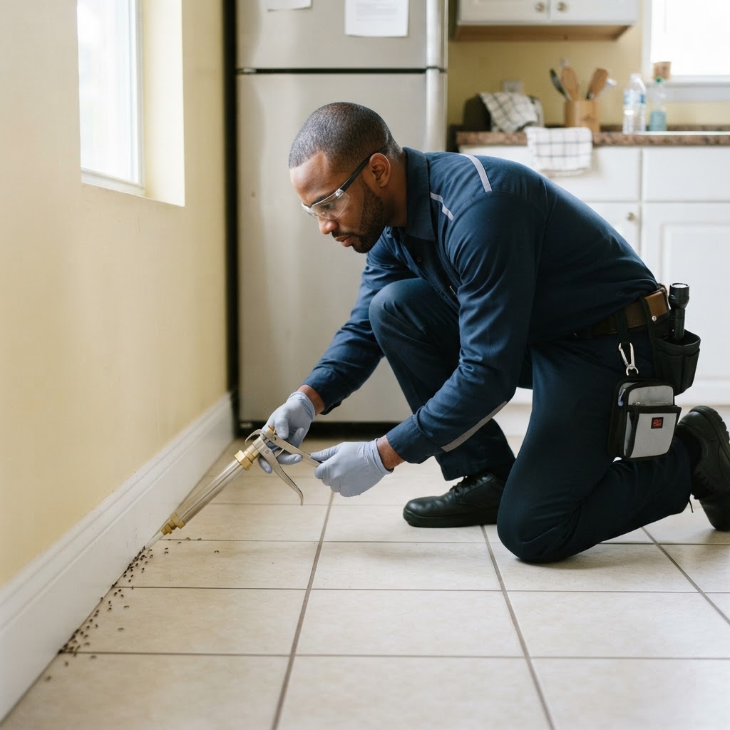 Professional pest control technician treating an ant infestation along a baseboard.