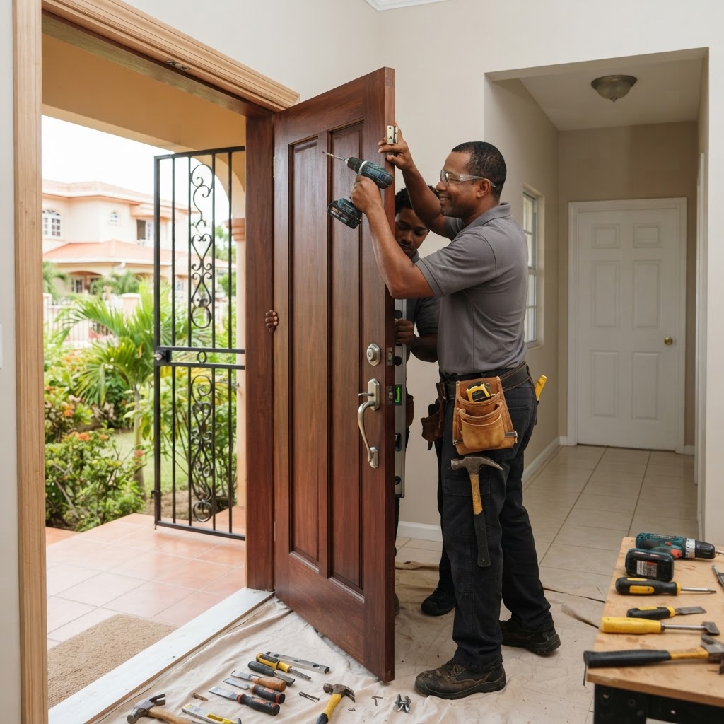 Professional installing door installation.
