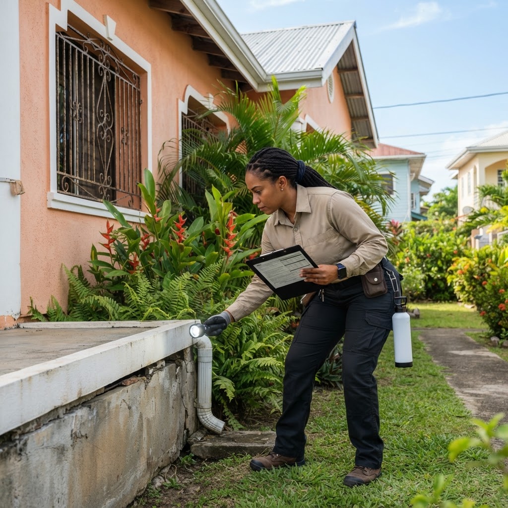 Professional pest control technician with a clipboard conducting a pest inspection.
