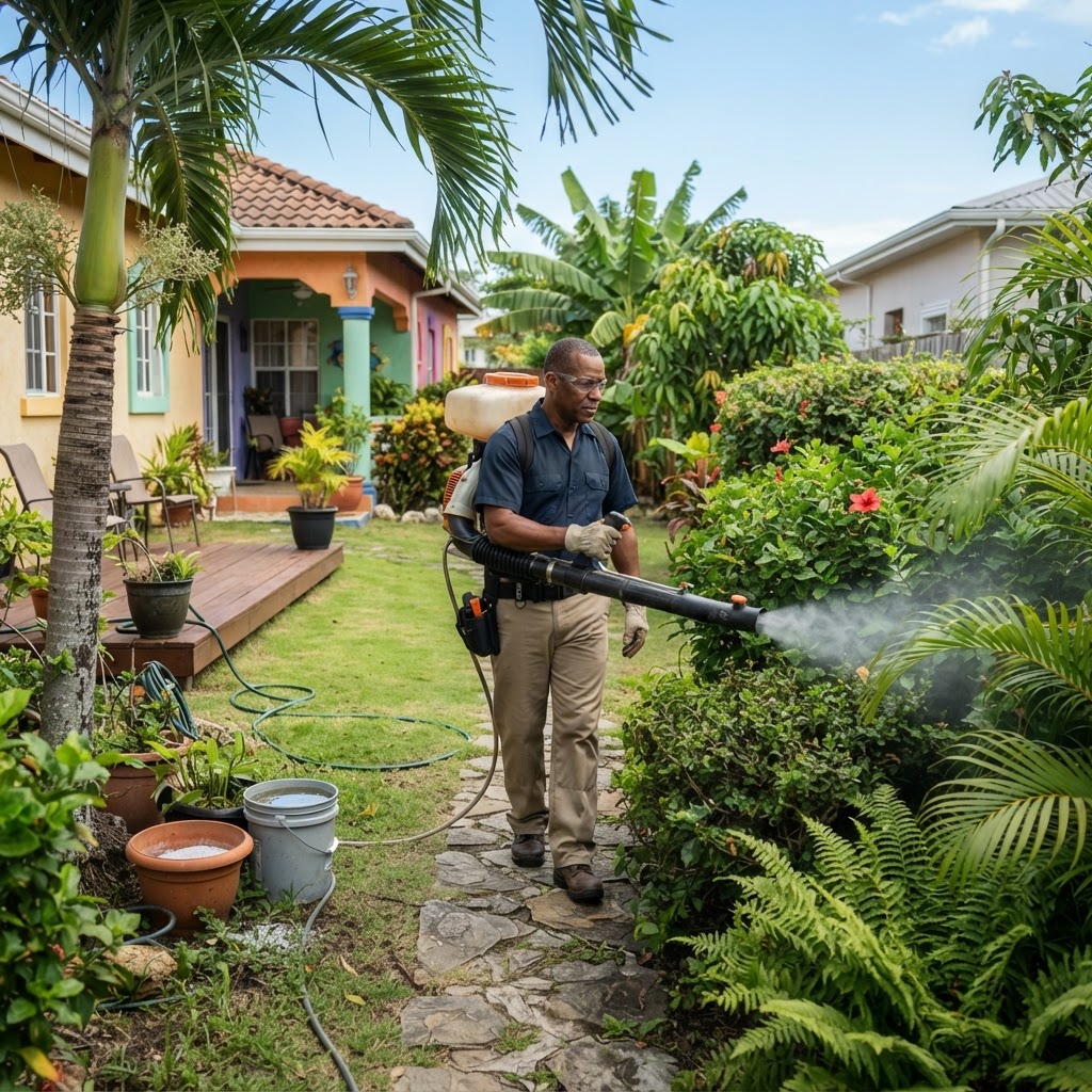 Professional pest control technician treating a backyard for mosquitoes.
