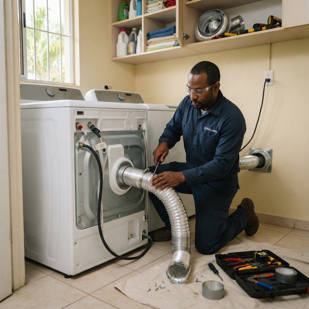 Professional installing dryer installation.