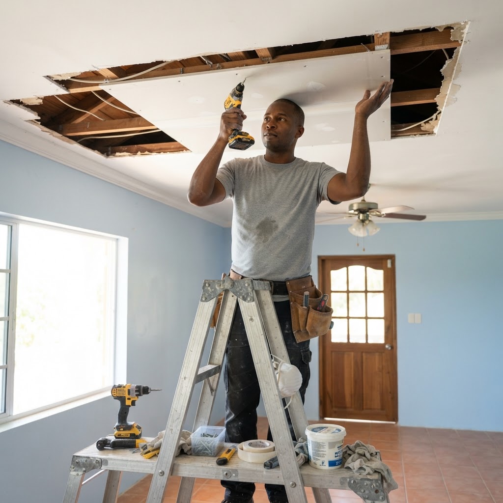 Professional repairing ceiling board replacement.
