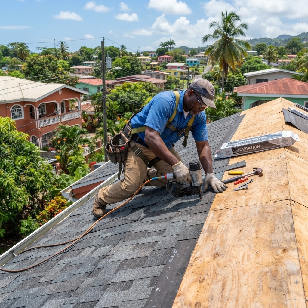 Professional roofer installing shingles on a residential roof.