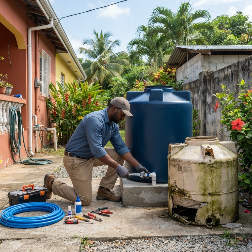 Professional installing water tank replacement.