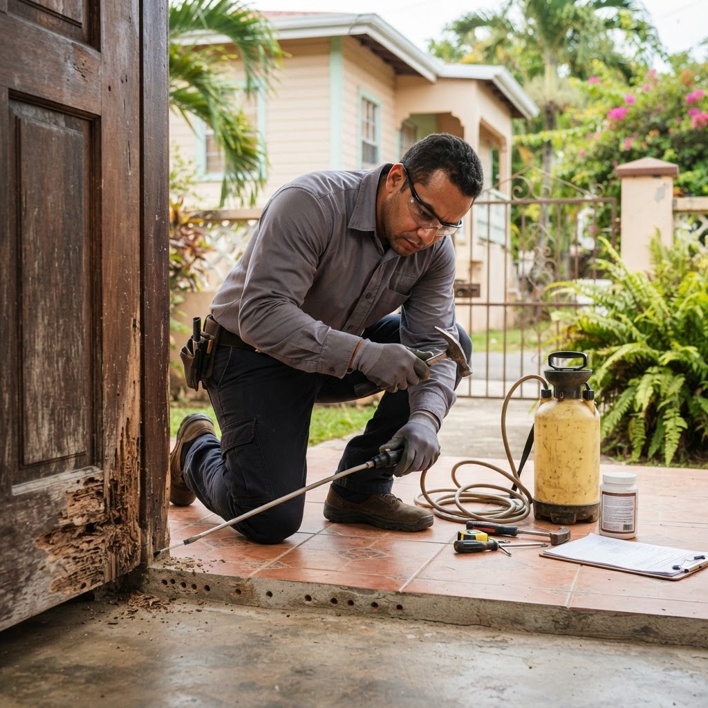 Professional pest control technician inspecting a wooden door frame for termite damage.