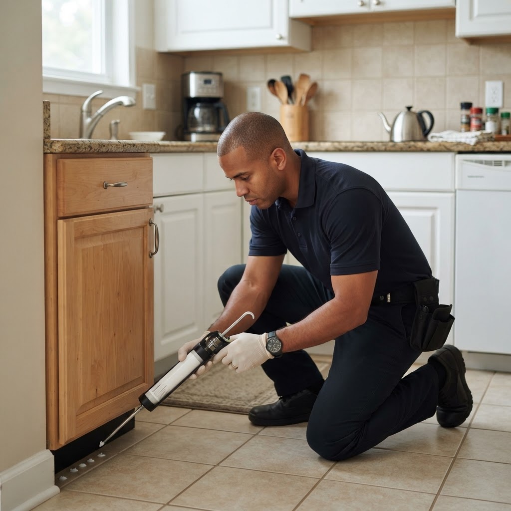 Professional pest control technician applying cockroach gel bait in a kitchen.