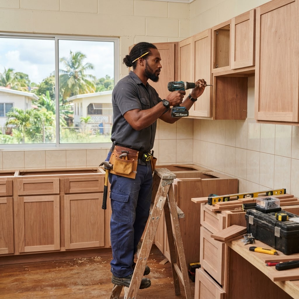 Professional carpenter installing kitchen cabinets.