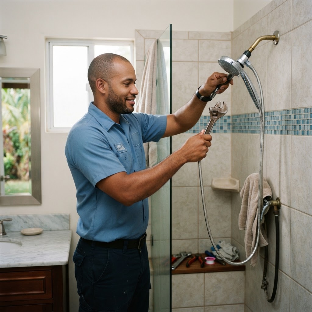 Professional installing showerhead replacement.