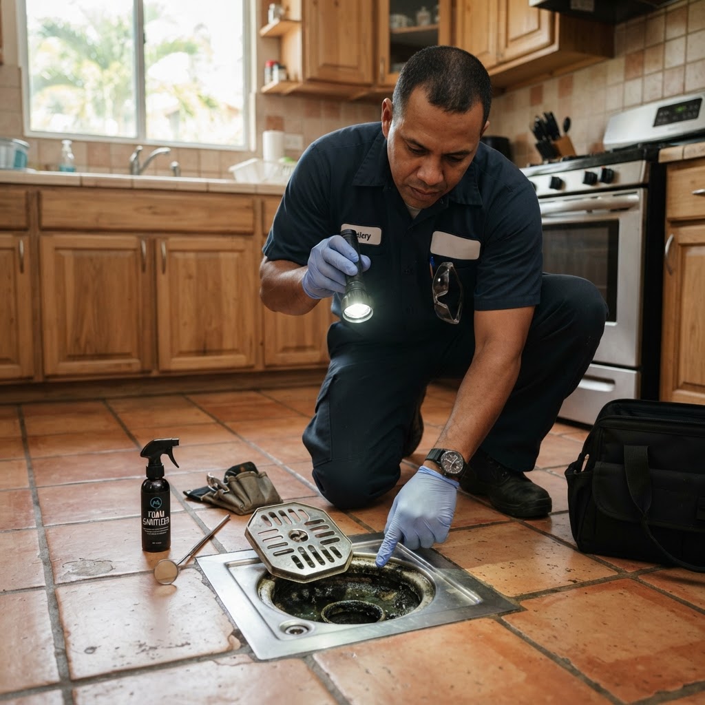 Professional pest control technician inspecting a drain for fly breeding activity.